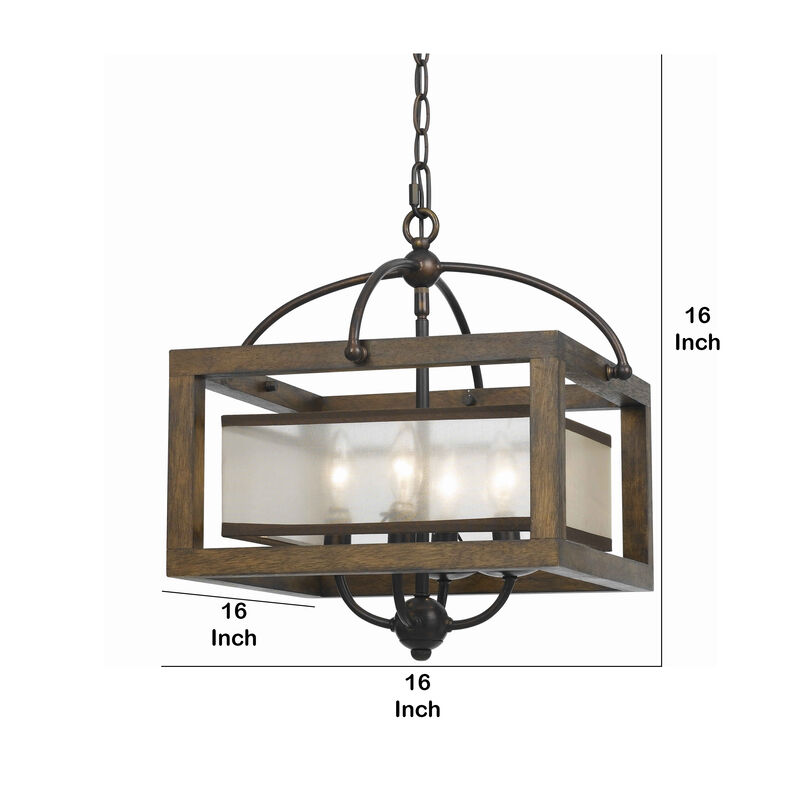 4 Bulb Semi Flush Pendant with Wooden Frame and Organza Striped Shade,Brown - Benzara