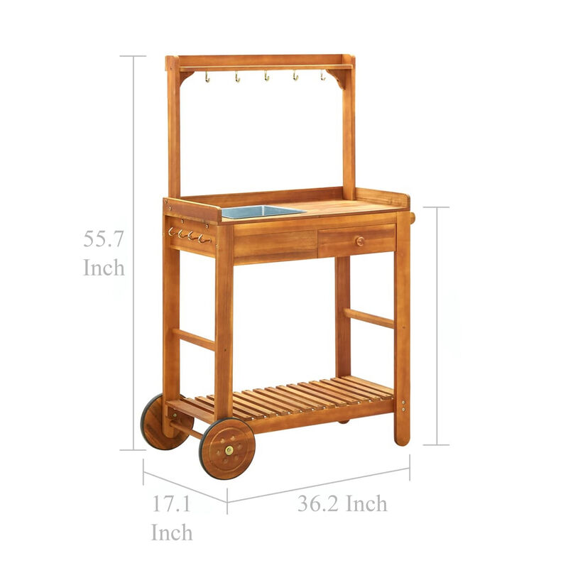 Outdoor Rolling Garden Cart on Wheels, Multi Purpose w Tray, Brown - Benzara