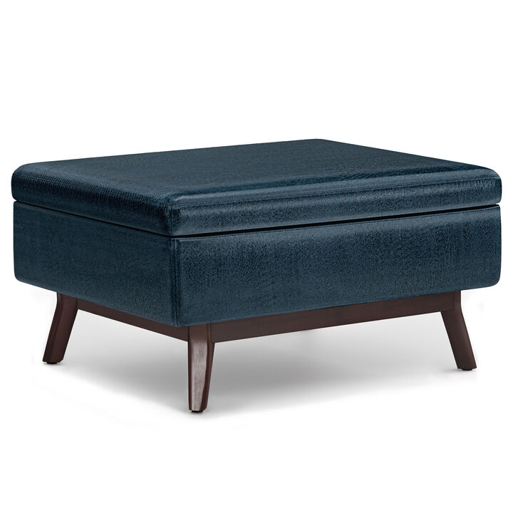 Owen 34 inch Wide Mid Century Modern Rectangle Coffee Table Storage Ottoman in Distressed Dark Blue Vegan Faux Leather, Assembled