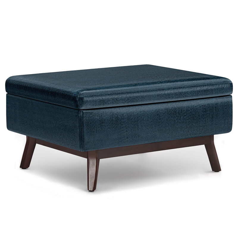 Owen 34 inch Wide Mid Century Modern Rectangle Coffee Table Storage Ottoman in Distressed Dark Blue Vegan Faux Leather, Assembled image number 0
