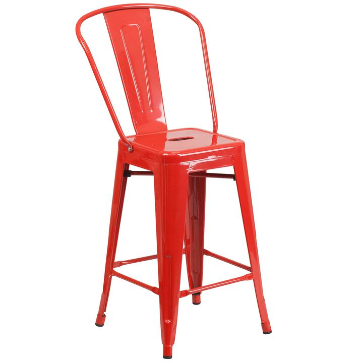 Flash Furniture Commercial Grade 24" High Red Metal Indoor-Outdoor Counter Height Stool with Removable Back