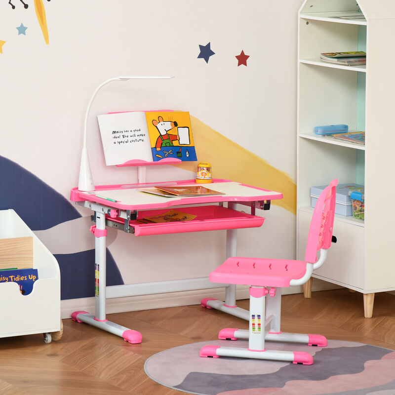 Multi-Function Kids Desk & Chair Set Height Adjustable School Study Table, Pink