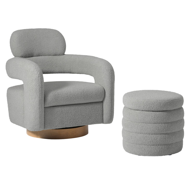 WestinTrends Mid-Century Modern Sherpa Swivel Barrel Accent Chair With Storage Ottoman