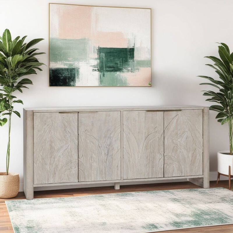 Orla Serving Buffet Cabinet Sideboard Console, Carved White 82 Inch - Benzara