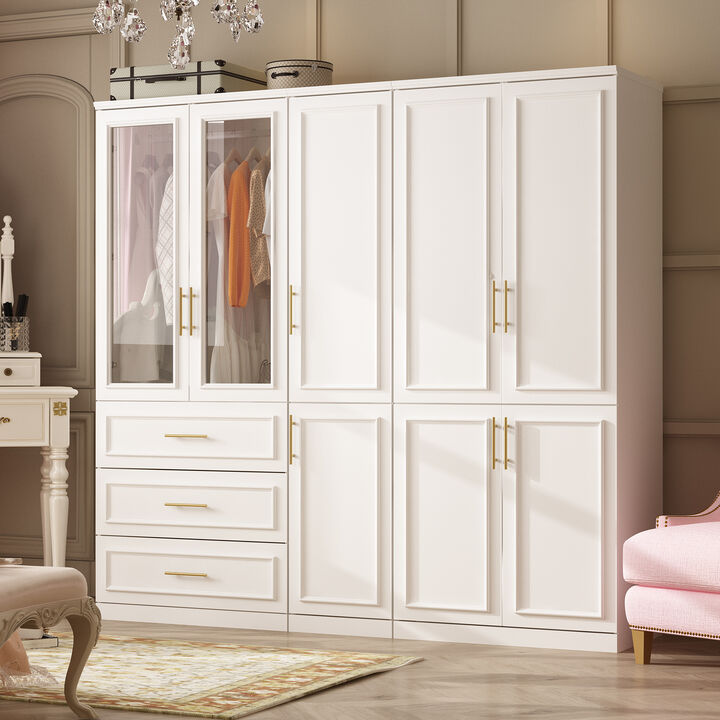 FUFU&GAGA Elegant White 8-Door Wardrobe with Glass Inserts & Gold Accents, 3 Drawers, (79.1 in. W x 19.3 in. D x 74.8 in. H)