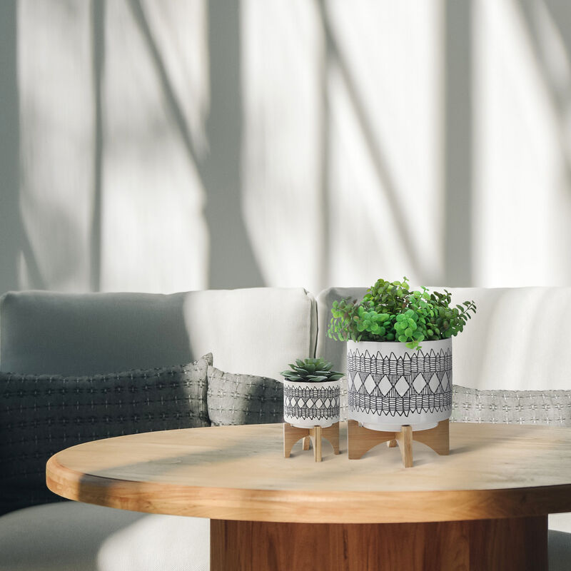 Aztec Planter on Wooden Stand, Gray Set