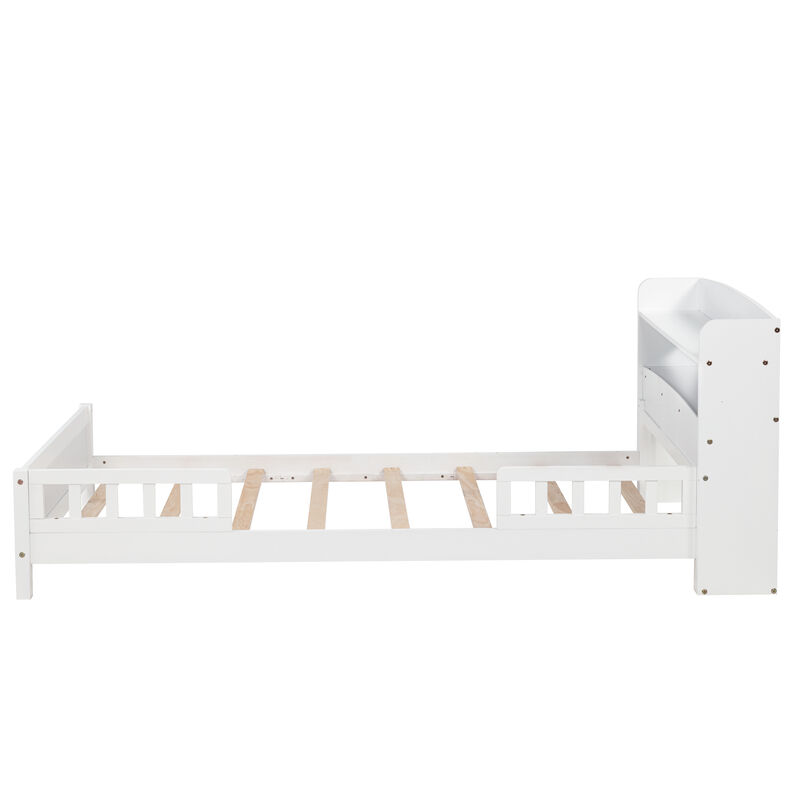 Whisen Twin Pine Wood Bed with Bookcase Headboard ,LED Motion Sensor Light, Guardrails-White