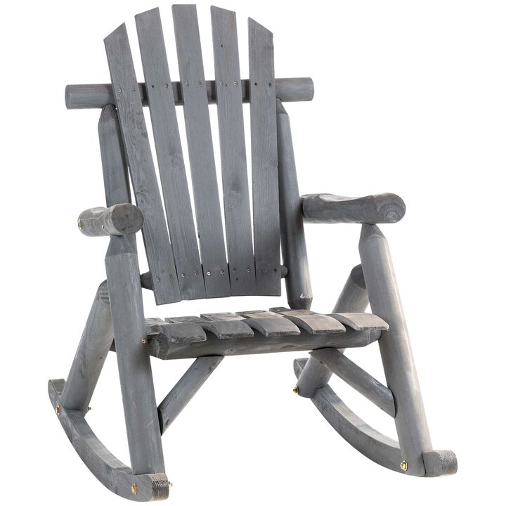 Wooden Adirondack Rocking Chair, Outdoor Rustic Log Rocker with Slatted Design for Patio, Dark Grey