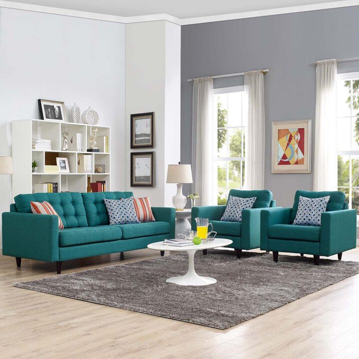 Modway Empress Mid-Century Modern Upholstered Fabric Sofa and Two Armchair Set in Teal