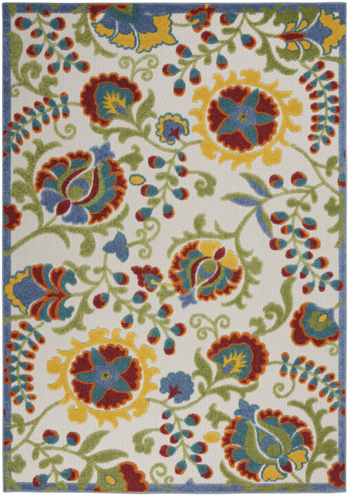HomeRoots 6' X 9' Ivory Green Red And Yellow Floral Indoor Outdoor Area Rug