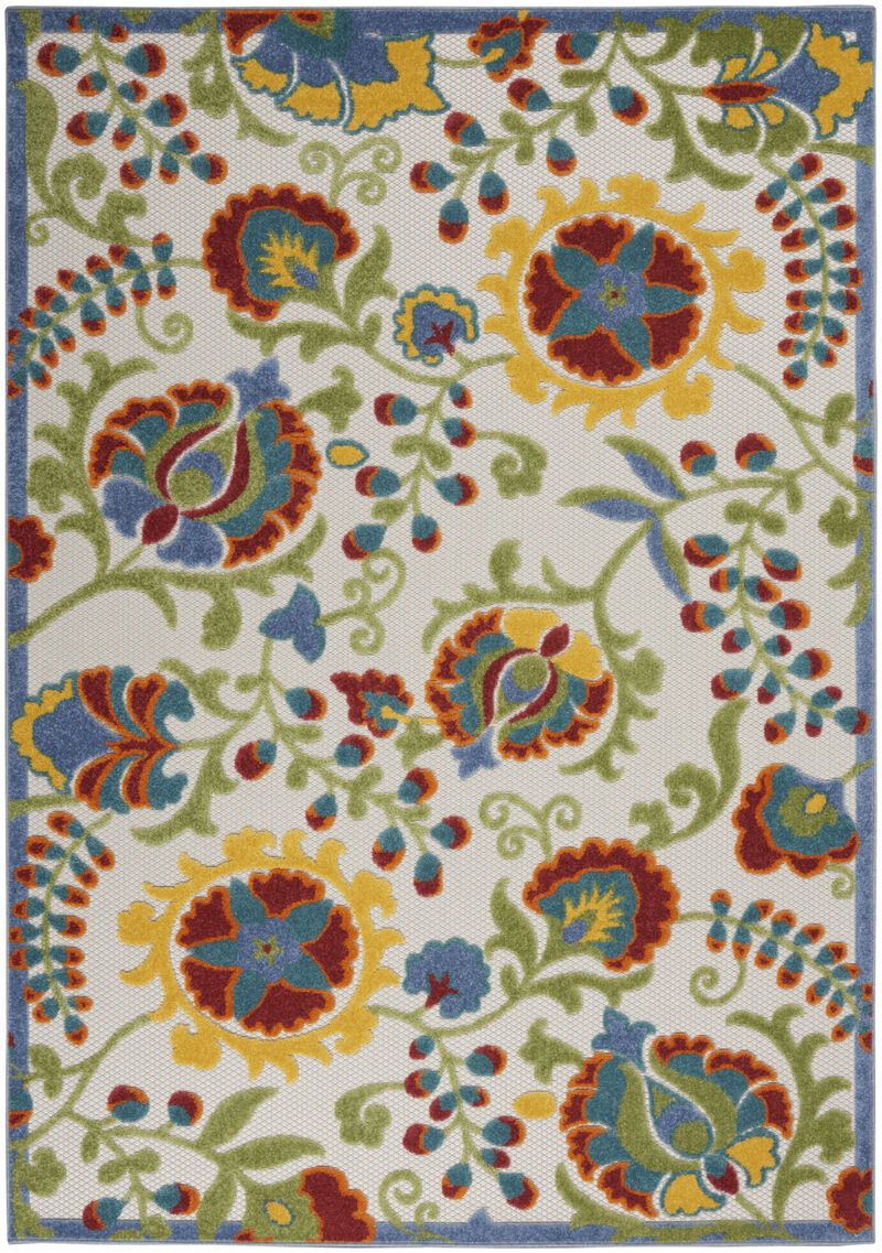 HomeRoots 6' X 9' Ivory Green Red And Yellow Floral Indoor Outdoor Area Rug image number 0