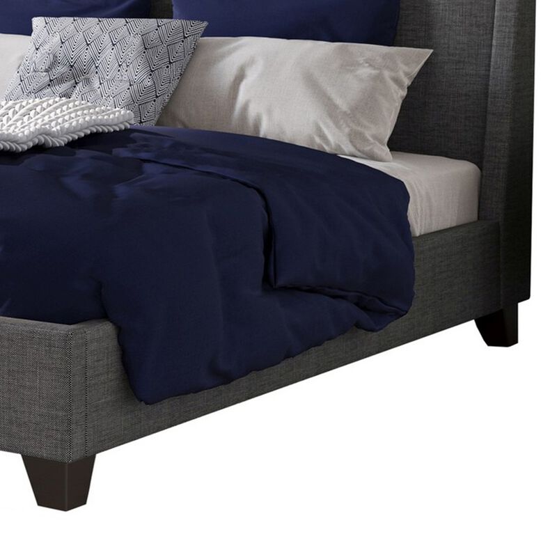 Atina King Bed, Dark Charcoal Gray Linen Upholstered, Slanted Headboard  - Benzara