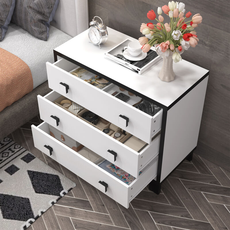 FUFU&GAGA 3-Drawer Modern Nightstand with Black and White Finish, Wooden Handles, and Spacious Storage (31.5" W x 15.6" D x 27.6" H)，White