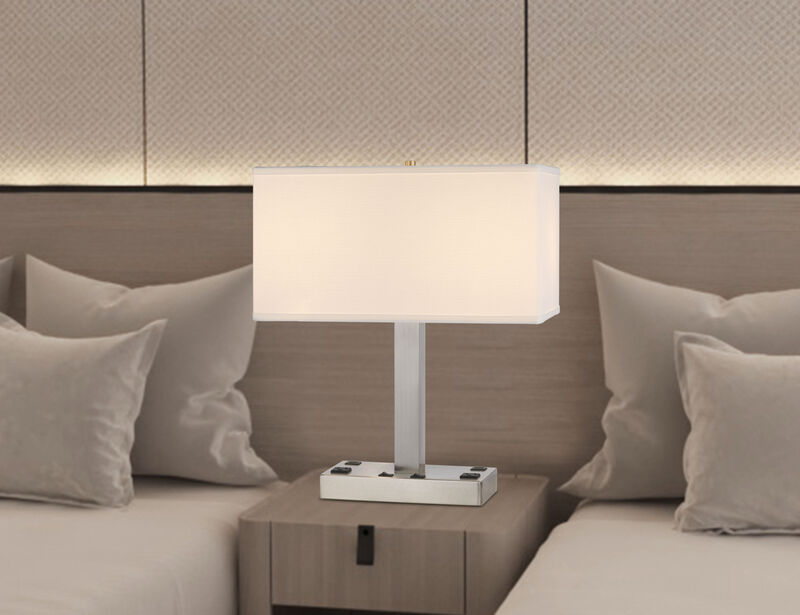 Hivvago 21" Nickel Metal Two Light Desk USB Table Lamp With White Shade