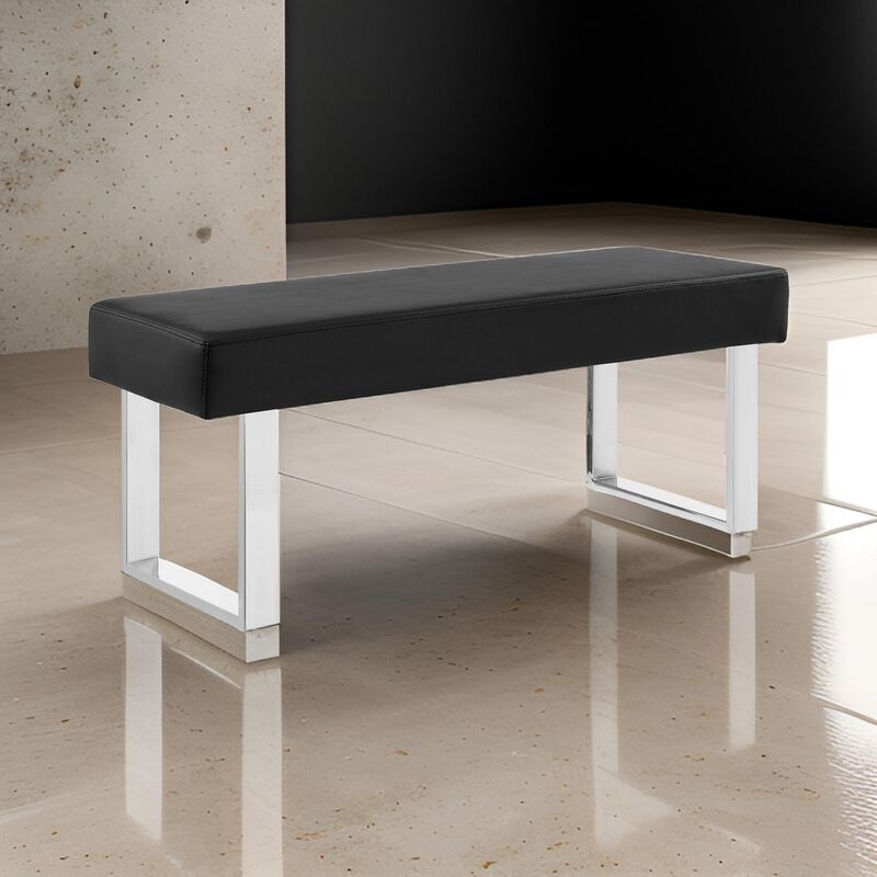 48 Inch Bench with Leatherette Padded Seat and Metal Frame, Black - Benzara