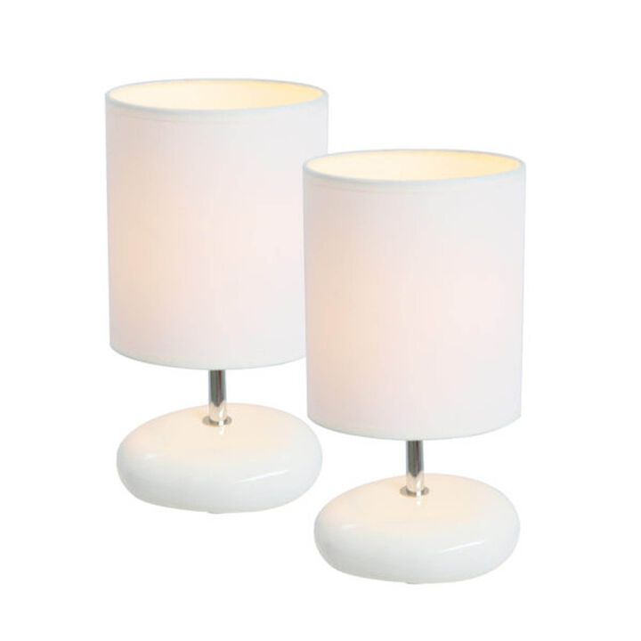 Simple Designs Stonies Traditional Small Table Lamp with Stone Shaped Ceramic Base and Fabric Shade, White - 2 Pack Set