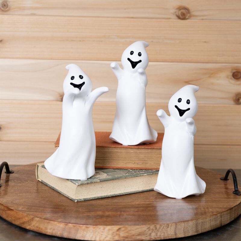 Spooky Ghost Figurines (Set of 3) – Halloween Shelf Sitters for Mantel, Tiered Tray, or Tabletop Decor