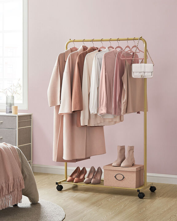 Clothes Rack on Wheels with Dense Mesh Storage Shelf For Bedroom