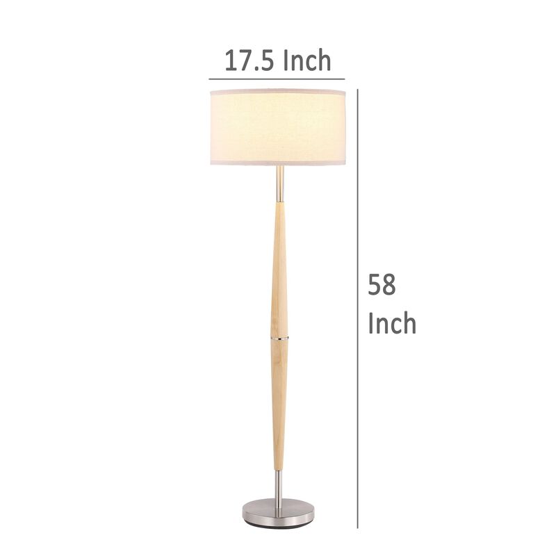 Nary Floor Lamp, 58 Inch Tapered Wood Stem, White Fabric, Chrome Metal - Benzara