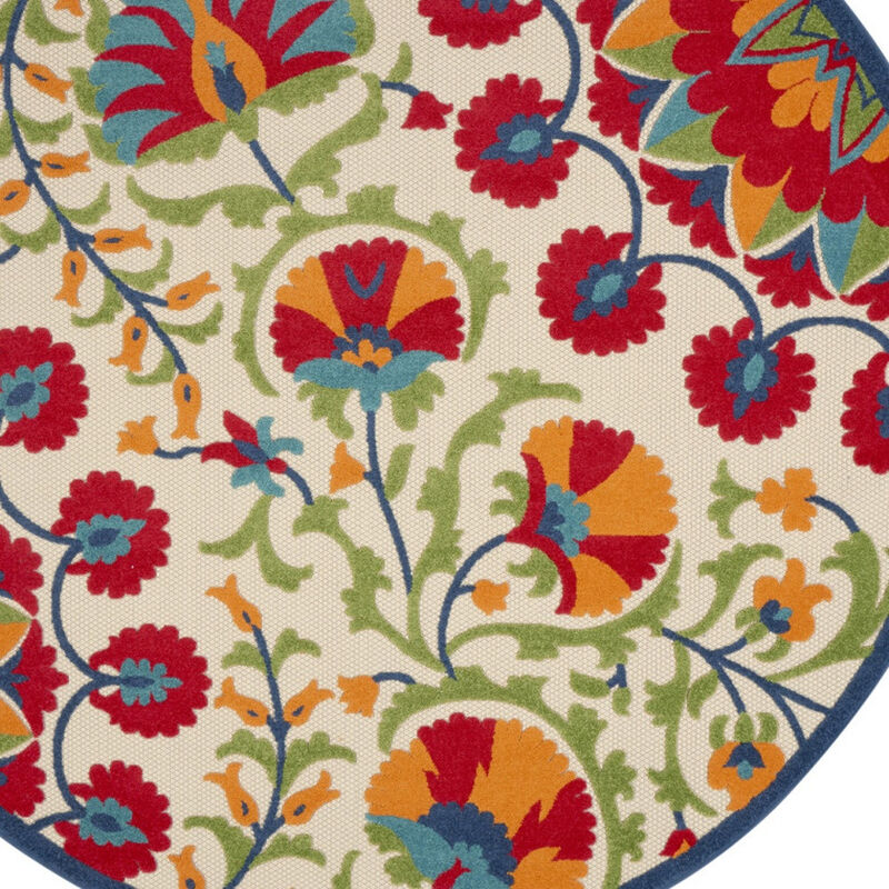 HomeRoots 8' Navy Blue Beige Green Blue And Red Round Floral Indoor Outdoor Area Rug image number 3