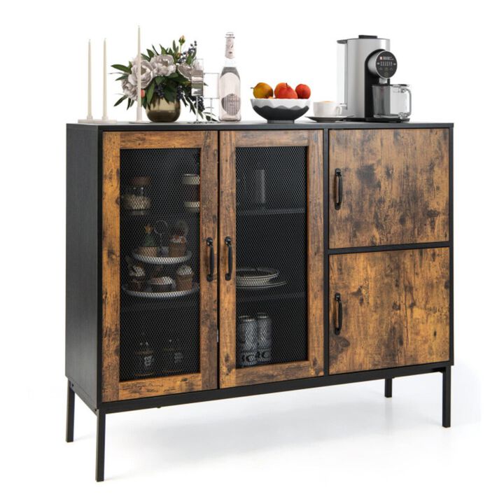 Hivvago 48" Industrial Kitchen Buffet Sideboard with Metal Mesh Doors and Anti-toppling Device-Brown