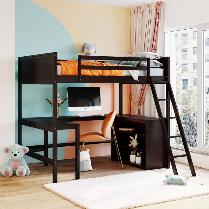 Whisen Modern Design Full Size Wooden Loft Bed with Shelves and Desk