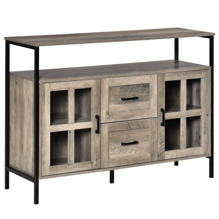 Rustic Kitchen Sideboard, Serving Buffet Cabinet with Adjustable Shelves, Glass Doors & 2 Drawers for Living Room, Gray