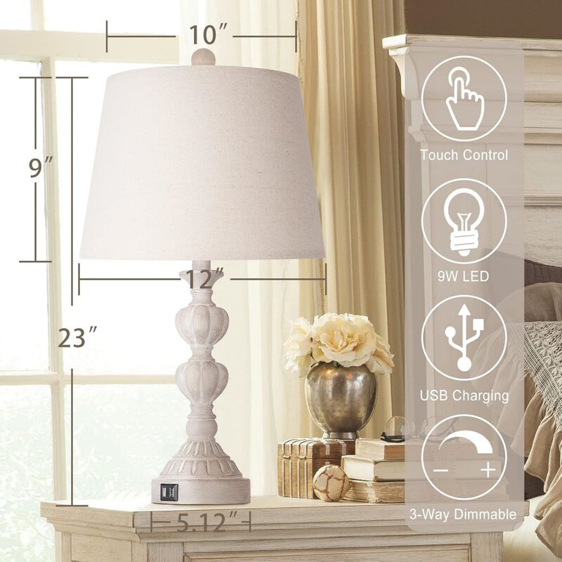 Touch Control Coastal Farmhouse Table Lamp Set of 2, 3-Way Dimmable Bedside Lamp with 2 USB Charging Ports, French Country Style Nightstand Lamp image number 3