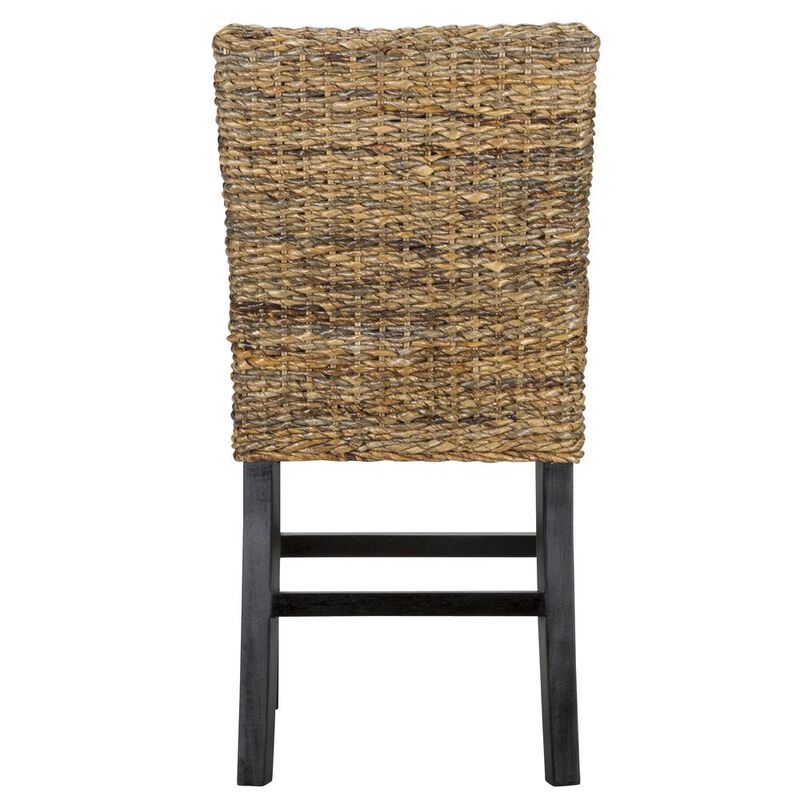Woven Rattan Counter Height Stool with Wooden Legs and Low Profile Backrest, Brown and Black-Benzara
