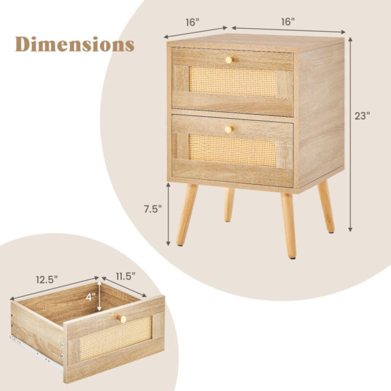 Hivvago Rattan Nightstand Boho Accent Bedside Table with 2 Storage Drawers image number 4