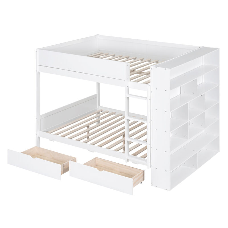 Full over Full Bunk Bed With 2 Drawers and Multilayer Cabinet, White