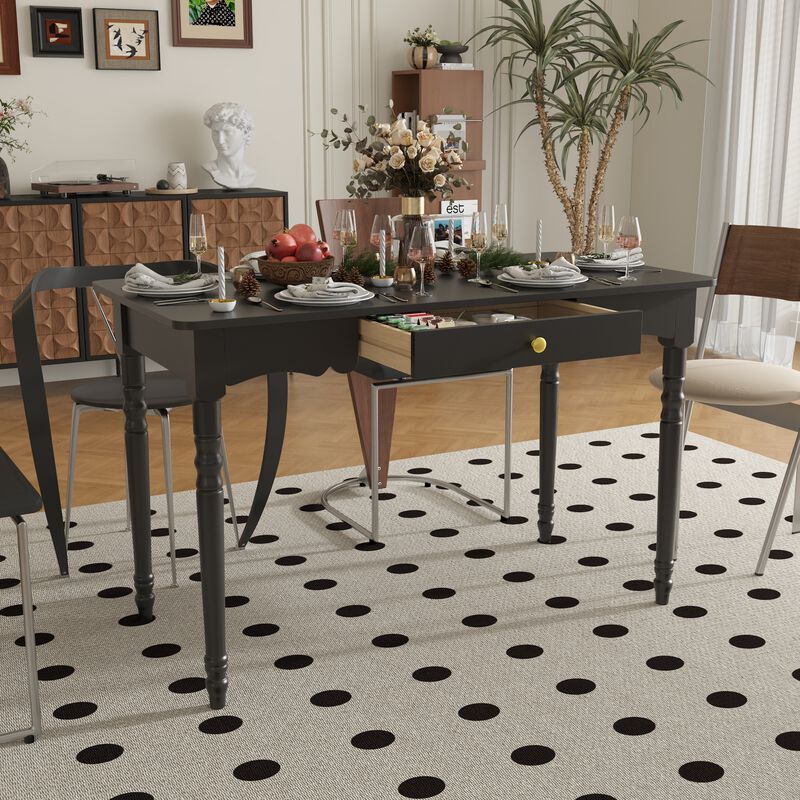 FUFU&GAGA Black Dining Table with Drawer, MDF & Rubberwood Construction (47.2" W x 29.4" H x 23.6" D), Black