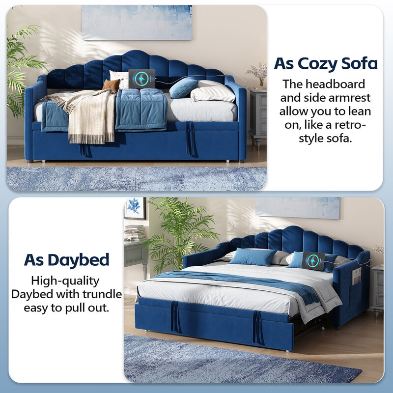 Merax Velvet Upholstered Twin Daybed with Height Adjustable Pop-Up Trundle image number 3