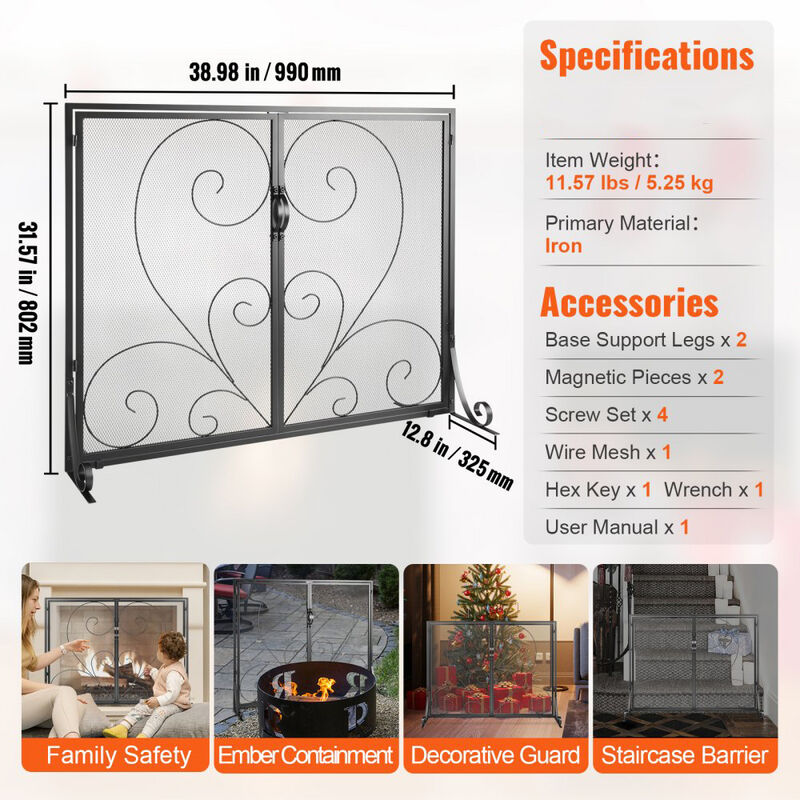 Single Panel Fireplace Screen with Door, Sturdy Iron Mesh Fire Guard for Indoor Hearth-Black image number 2