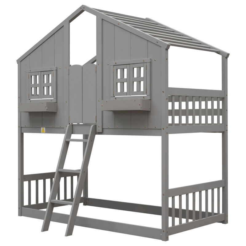 Twin Over Twin House Bunk Bed With Roof, Window, Window Box, Door, With Safety Guardrails
