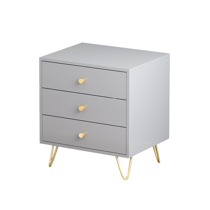3-Drawer Gray Nightstands With Metal Legs, Side Table Bedside Table 21.6 in. H x 19.6 in. W x 15.7 in. D