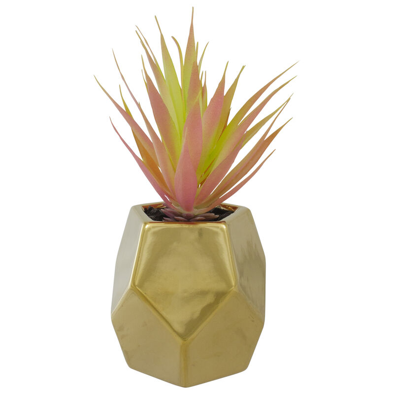 8" Green Artificial Sword Grass in a Gold Geometric Pot