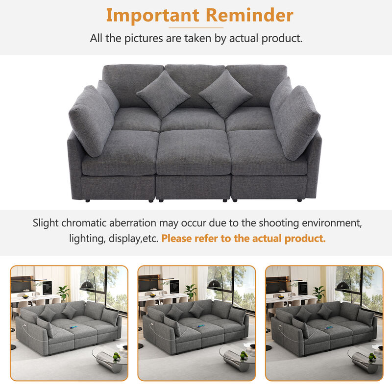 Whisen 86.6" Modular Sectional Sofa, Chenille U-Shaped Couch with Movable Ottoman & USB Ports for Living Room, Apartment image number 4