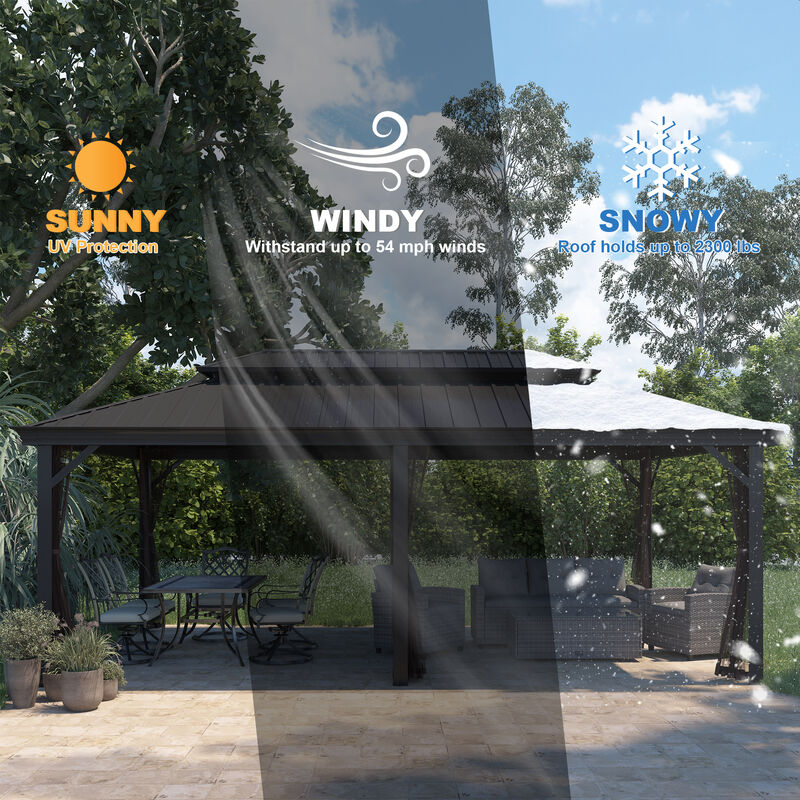 Mondawe 12 ft. x 20 ft. Outdoor Aluminum Frame Gazebo with Mosquito Netting Hardtop Canopy Shelter Iron Double Roof Pavilion