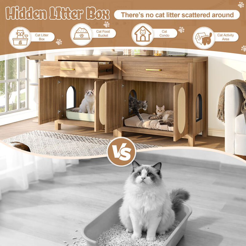 Whisen 31.5" Pet Furniture, Cat Litter Box Enclosure with Sisal Scratcher, MDF Hidden Litter Cabinet with Drawer image number 5