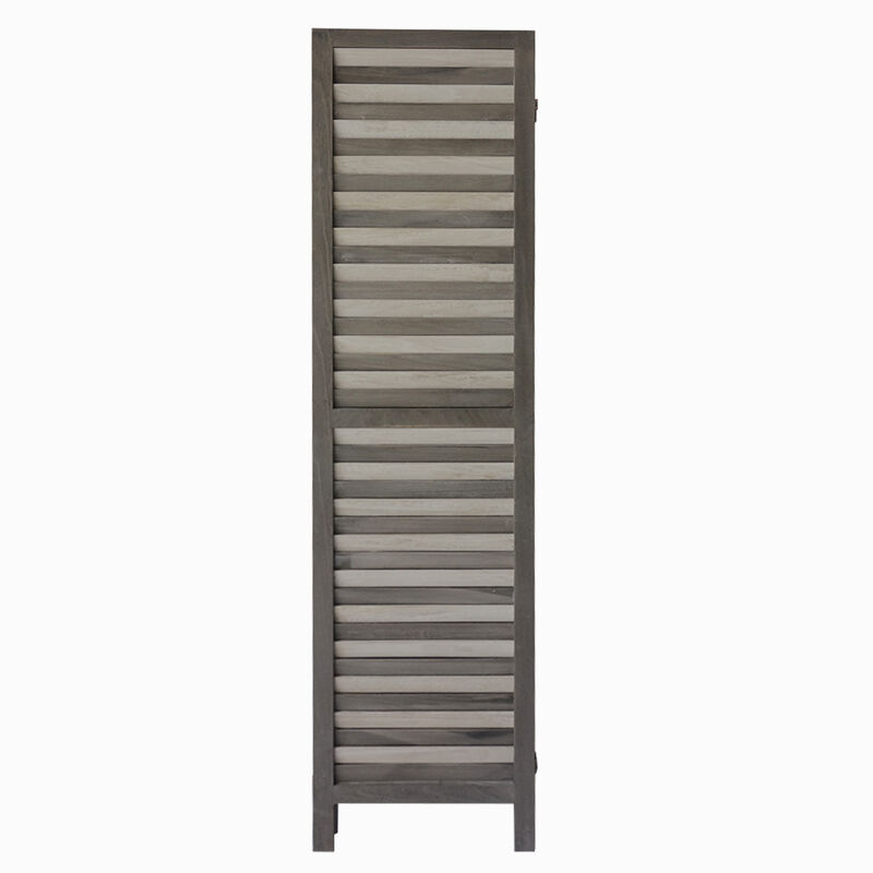67 Inch Paulownia Wood Panel Divider Screen, Shutter Design, 3 Panels, Gray Stripes - Benzara image number 1
