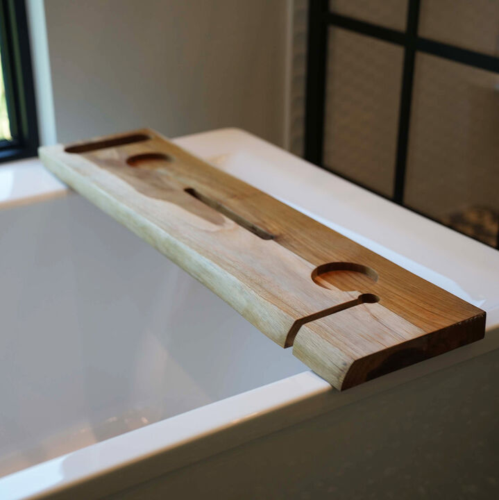 EcoDecors Eleganto 36" Solid Teak Bath Caddy Tray with Wine Glass & Tablet Holder