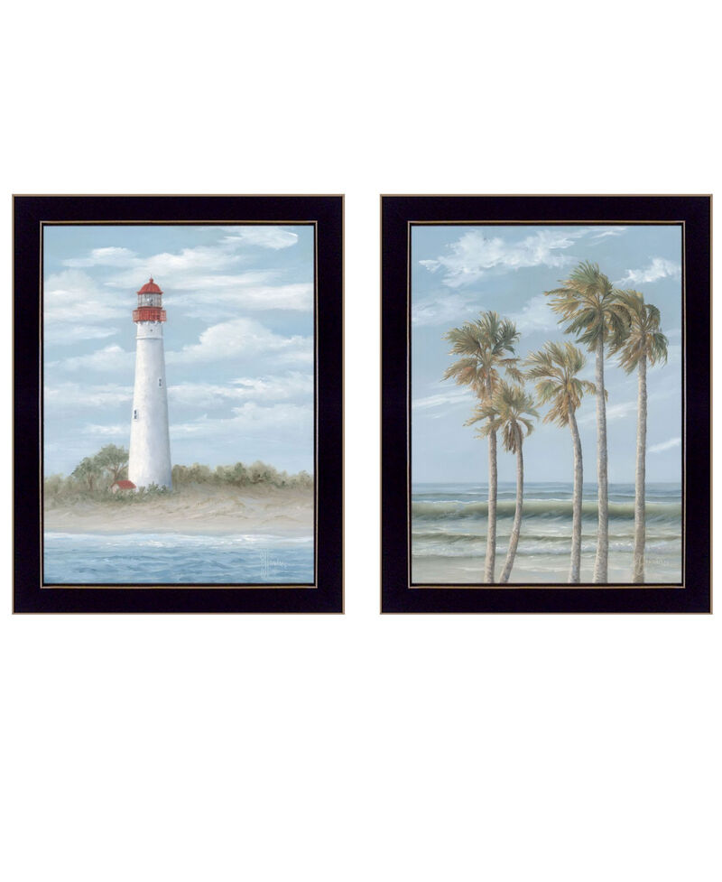 HomeRoots Set Of Two Cape May Lighthouse And Palm Trees Black Framed Wall Art image number 0