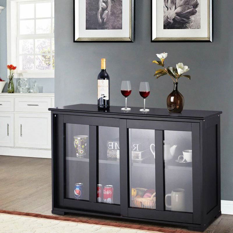 Hivvago Black Sideboard Buffet Dining Storage Cabinet with 2 Glass Sliding Doors