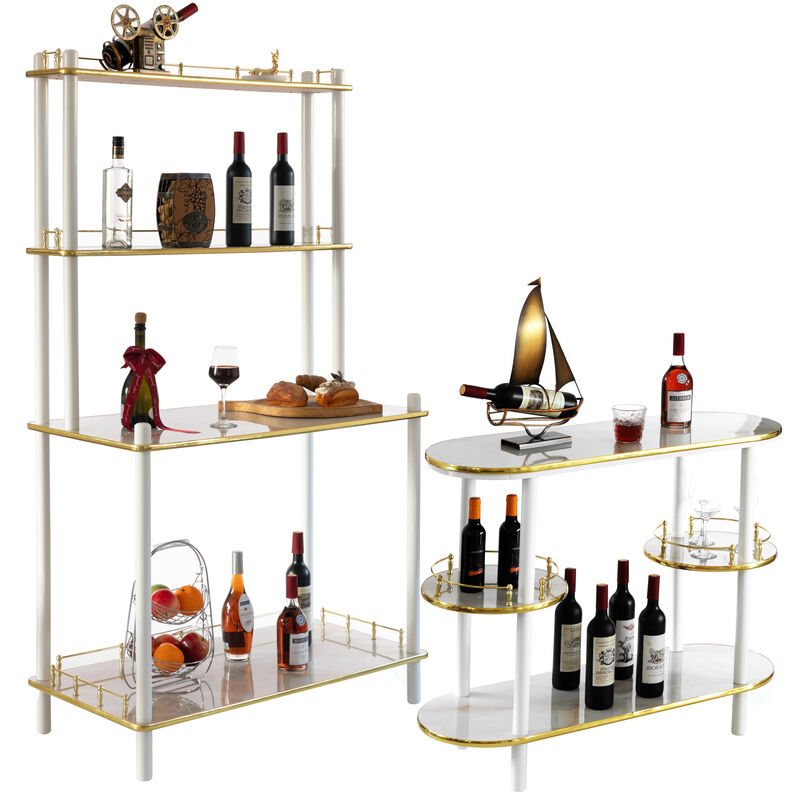 Set of 2 Pieces, Bartender Serving Display Station, Bar Console Working Counter with Open Shelves, Bar Console Island with Tier Shelves for Glass and Bottles, Wood, White