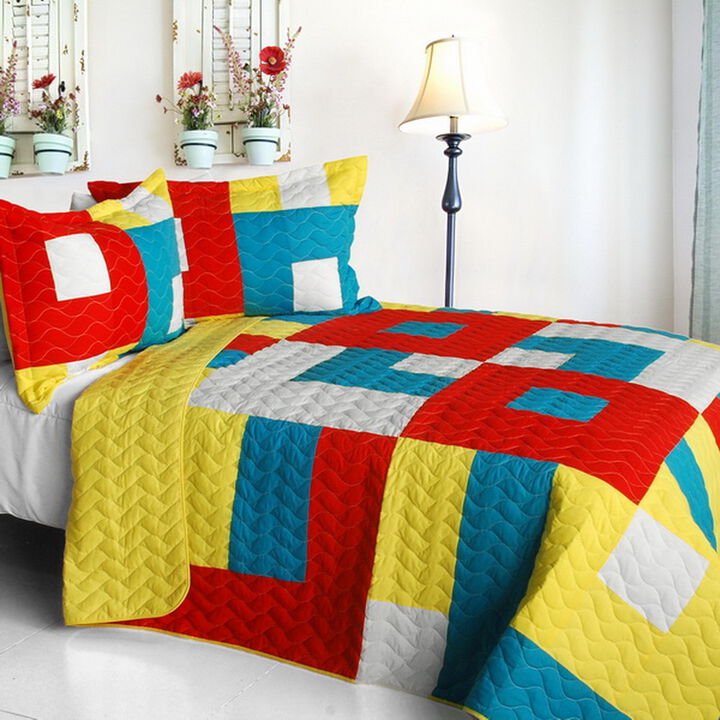 3-Piece Patchwork Quilt Set with Vermicelli Quilting for Full Bedroom Style