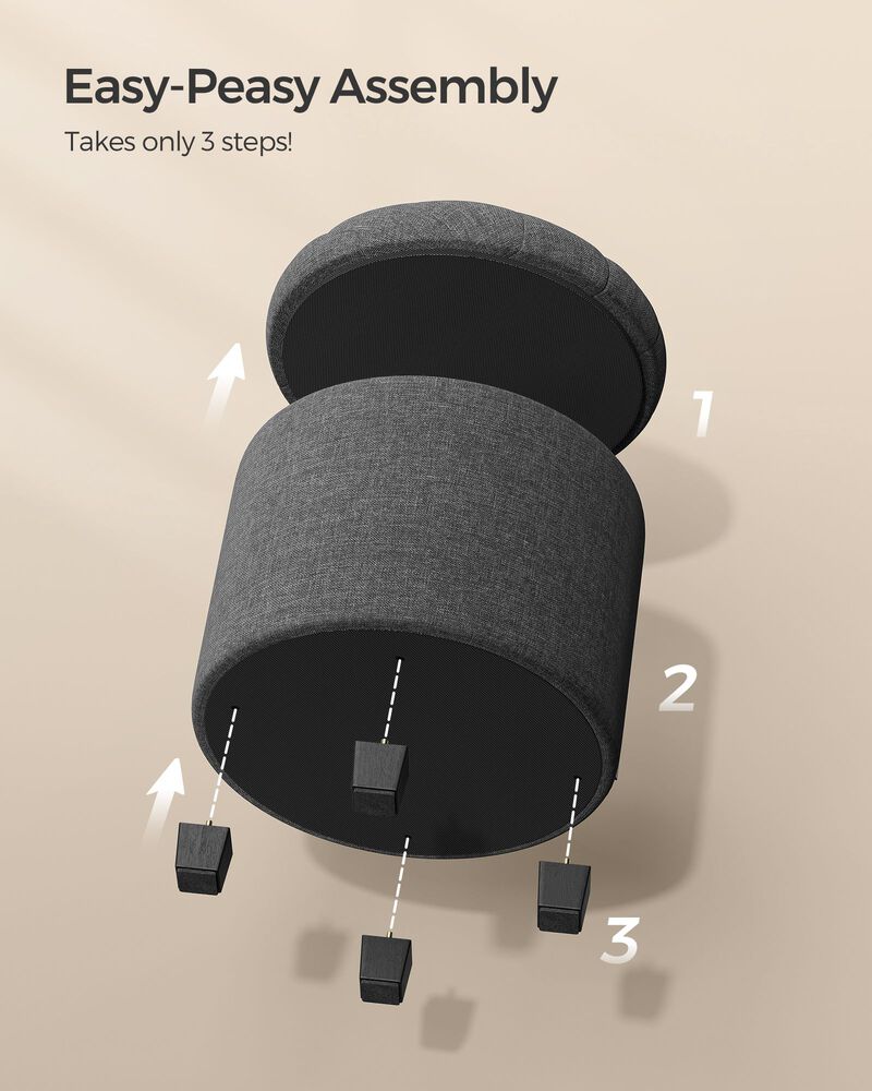 Linen Fabric Storage Ottoman Bench - Dark Gray Footstool with Foam Padded Seat and Solid Wood Legs