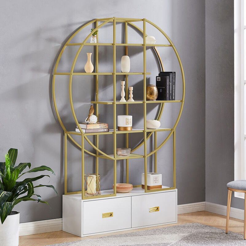 70.8 Inch Round Office Bookcase Bookshelf, Display Shelf, Two Drawers, Gold Frame