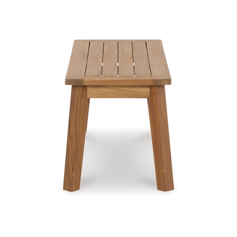 47 Inch Rectangular Bench, Natural Acacia Wood, Slatted Seat, Angled Legs - Benzara
