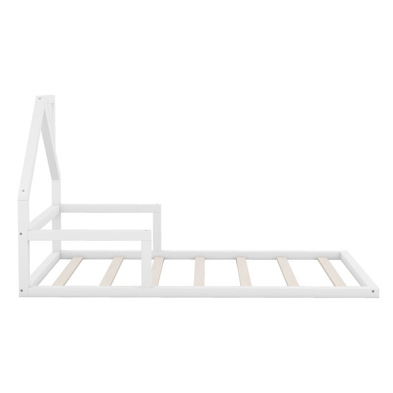 Whisen Modern Design Twin Size Wood Floor Bed with House-shaped Headboard - White